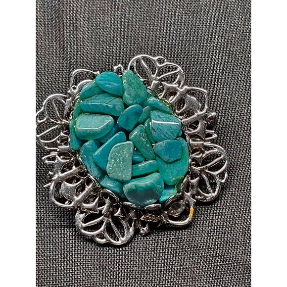 Vintage Silver-Tone Filigree Brooch With Aqua Turquoise Stone Chips Oval Design - Picture 3 of 6
